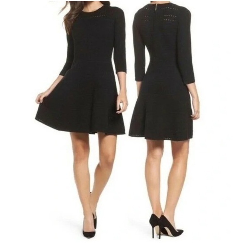 Eliza J Knit Fit and Flare Sweater Dress Black Long Sleeve Textured Ribbed Sz XS